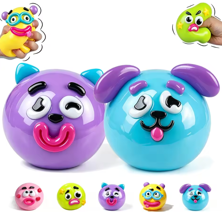 Mooshie Funny Face squishies in purple, blue, pink, yellow and green